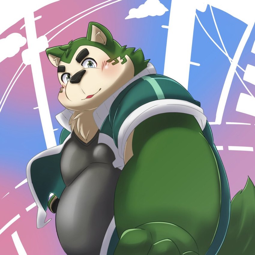 anthro belly blush eyebrows fur green_body green_fur looking_at_viewer male overweight overweight_male solo thick_eyebrows tolsche lifewonders live_a_hero mokdai canid canine canis domestic_dog mammal 1:1