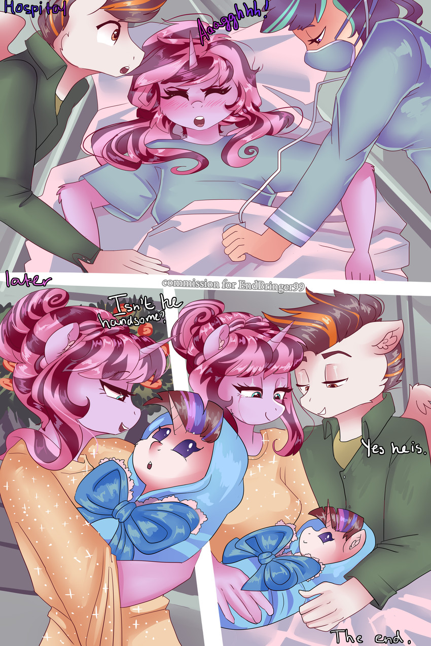 anthro baby blush bodily_fluids dialogue face_mask female group horn male neck_bow swaddling tears text wings young xjenn9 hasbro my_little_pony mythology equid equine mammal mythological_creature mythological_equine pegasus unicorn 2:3 absurd_res comic english_text hi_res father_(lore) father_and_child_(lore) mother_(lore) mother_and_child_(lore) parent_(lore) parent_and_child_(lore)