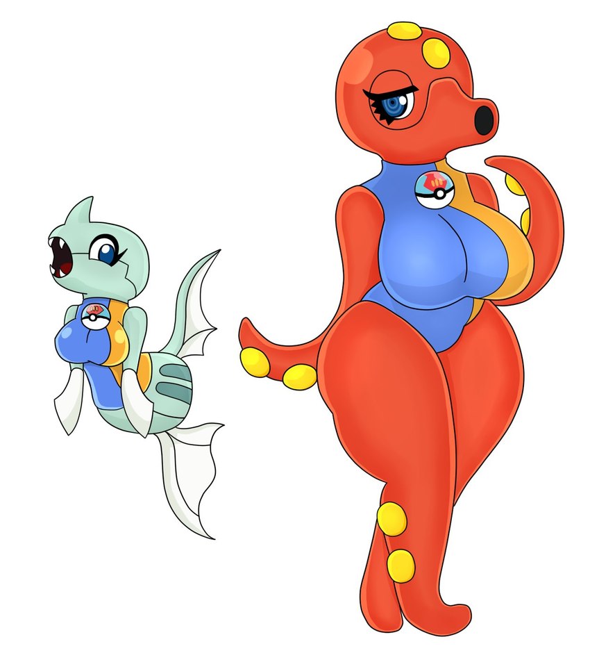 anthro big_breasts blue_eyes breasts clothed clothing duo fangs female fin grey_body huge_breasts legless pokeball red_body simple_background swimwear teeth tentacles white_background urusee584 nintendo pokemon generation_2_pokemon octillery pokemon_(species) remoraid hi_res