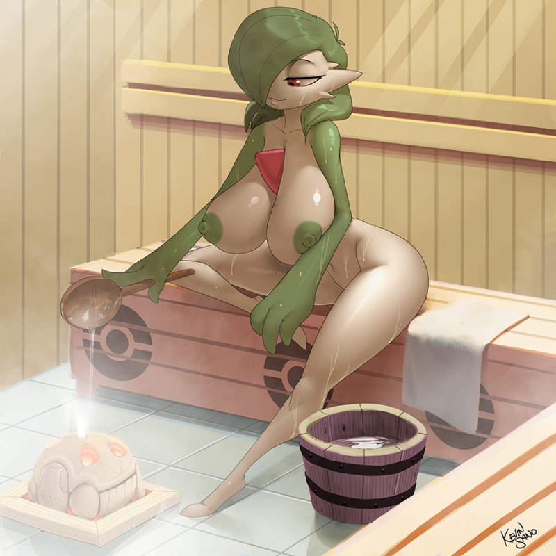 areola big_breasts bodily_fluids breasts female green_nipples holding_object inside nipples not_furry red_eyes sauna sitting smile solo sweat towel kevinsano nintendo pokemon gardevoir generation_3_pokemon pokemon_(species) torkoal 1:1 2018 digital_media_(artwork)