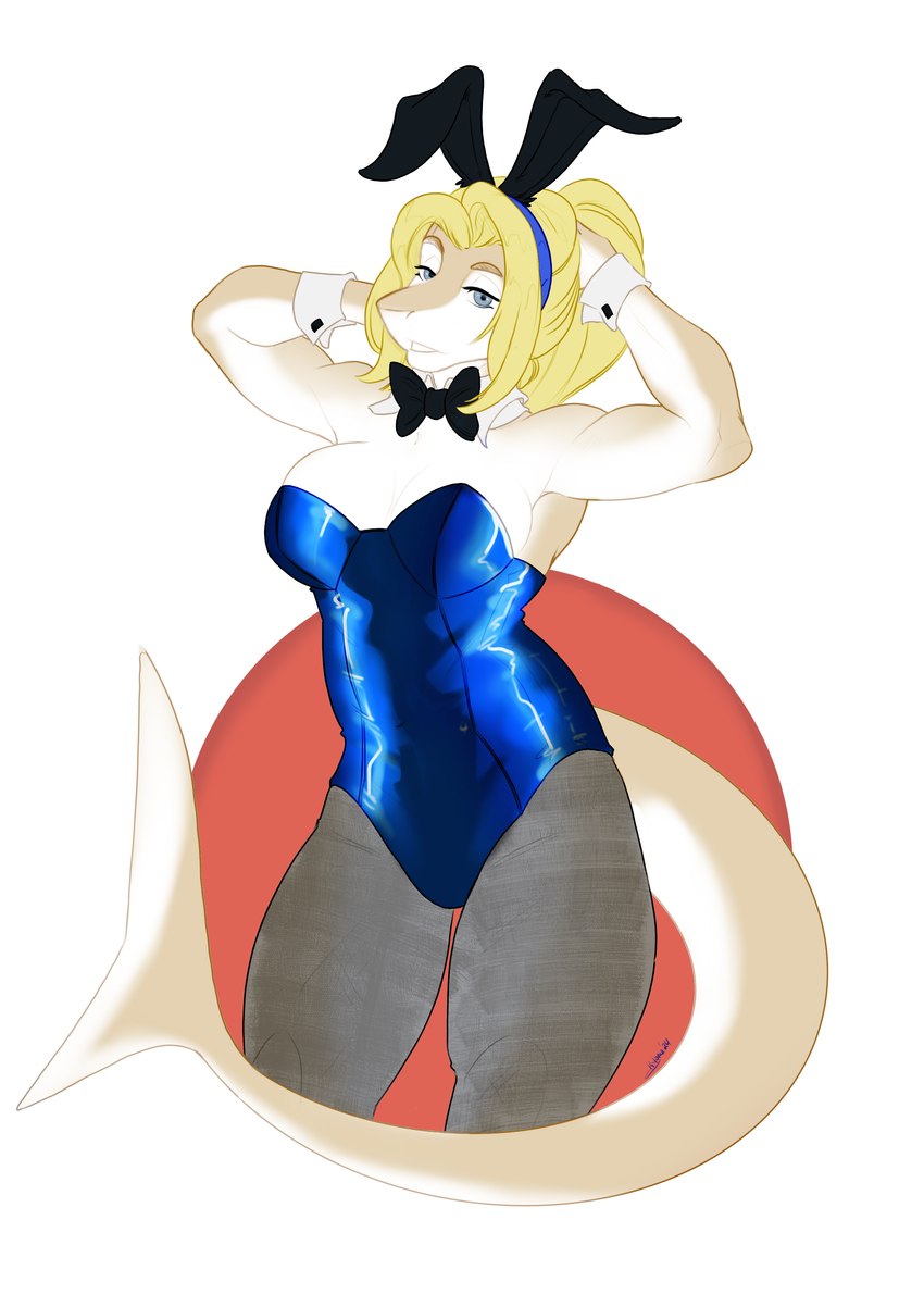 anthro big_breasts blonde_hair breasts clothed clothing curvy_figure female fingers hair huge_breasts looking_at_viewer open_mouth sharp_teeth simple_background slightly_chubby solo tail teeth thick_thighs white_body wide_hips alakur jaana_(nuclear_wizardo) fish marine shark absurd_res digital_media_(artwork) hi_res