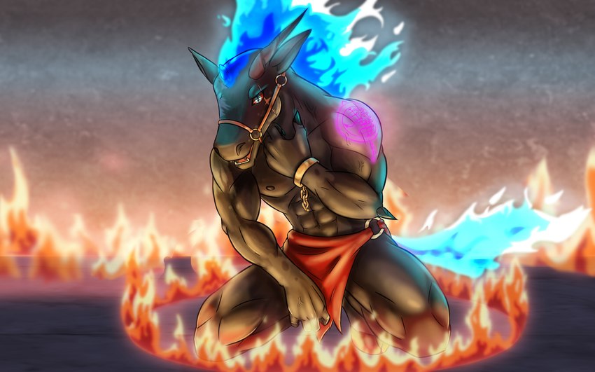 abs anthro biceps black_body blue_eyes bottomwear bridle broken_chain chain claws clkothing clothed clothing cuff_(restraint) equinie eye_scar facial_scar fire flaming_hair flaming_mane flaming_tail handcuffs hooves horn hypnovember2024 kneeling loincloth loincloth_only looking_at_viewer male mane markings metal_cuffs muscular muscular_anthro muscular_male nipples occult_symbol pecs possession pseudo_hair pseudo_mane pupils red_eyes restraints scar sharp_teeth sigil simple_background solo spikes spots symbol tail tattoo teeth topless transformation unusual_pupils howlfeiwolf hypnovember mythology unnamed_character demon equid equine horse mammal mythological_creature mythological_equine unicorn 16:10 absurd_res digital_media_(artwork) hi_res widescreen