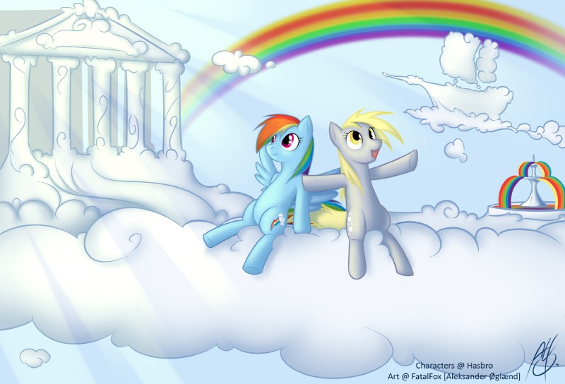 blue_body blue_feathers blue_fur cloud cloudsdale duo feathered_wings feathers female feral fur hair mane multicolored_hair multicolored_tail outside rainbow rainbow_arch rainbow_hair rainbow_tail sky skyscape tail wings cobalt_snow conditional_dnp friendship_is_magic hasbro my_little_pony mythology derpy_hooves_(mlp) rainbow_dash_(mlp) equid equine mammal mythological_creature mythological_equine pegasus digital_media_(artwork)