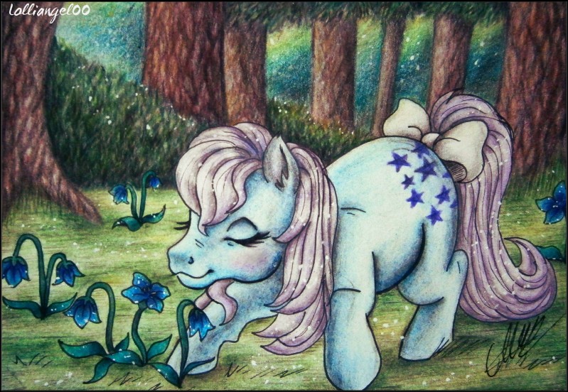 ass_up blue_body blue_fur detailed_background eyes_closed female feral flower forest fur green_body green_fur grey_hair hair outside plant shrub sniffing solo text tree white_hair lolliangel00 hasbro my_little_pony blue_belle_(mlp_g1) earth_pony equid equine horse mammal pony english_text hi_res