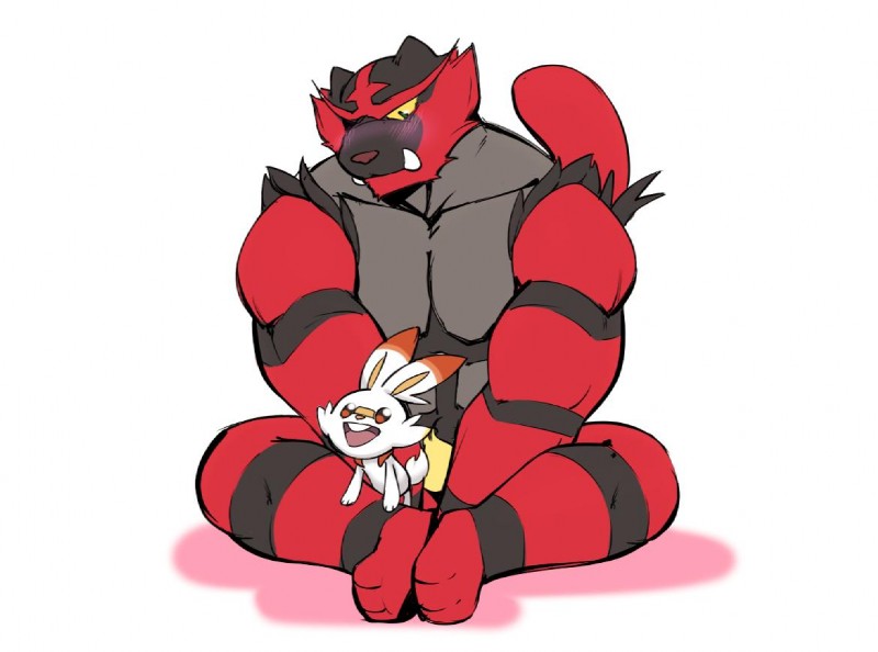 ambiguous_gender anthro barazoku blush duo fur multicolored_body multicolored_fur muscular red_body red_fur simple_background smile white_body white_fur daily-incineroar nintendo pokemon felid generation_7_pokemon generation_8_pokemon incineroar lagomorph mammal pokemon_(species) scorbunny 2019