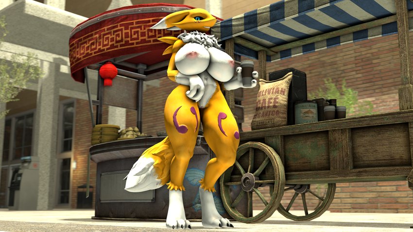 3_toes anthro areola beverage big_breasts black_sclera blue_eyes breasts claws coffee_cup container cup day digitigrade dipstick_ears dipstick_tail ear_markings feet female female_anthro fluffy fluffy_chest food_stand fur genitals gloves_(marking) holding_beverage holding_coffee_cup holding_container holding_cup holding_object huge_breasts light looking_at_viewer markings multicolored_ears nipples nude nude_anthro nude_female outside public public_nudity pussy smile smiling_at_viewer solo standing sunlight tail tail_markings teeth toe_claws toes white_body white_fur yellow_body yellow_fur aceydrgn warfaremachine_(modeler) bandai_namco digimon warfare_renamon digimon_(species) renamon 16:9 2023 3d_(artwork) digital_media_(artwork) hi_res source_filmmaker_(artwork) widescreen