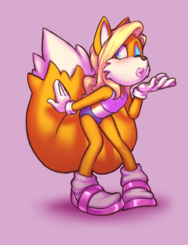 anthro blush bulge clothed clothing crossdressing drag_(fashion) drag_queen eyeshadow femboy gloves hair handwear lipstick makeup male one_eye_closed pink_background simple_background solo y2k_(fashion) namelessenemy sega sonic_the_hedgehog_(series) miles_prower canid canine fox mammal hi_res