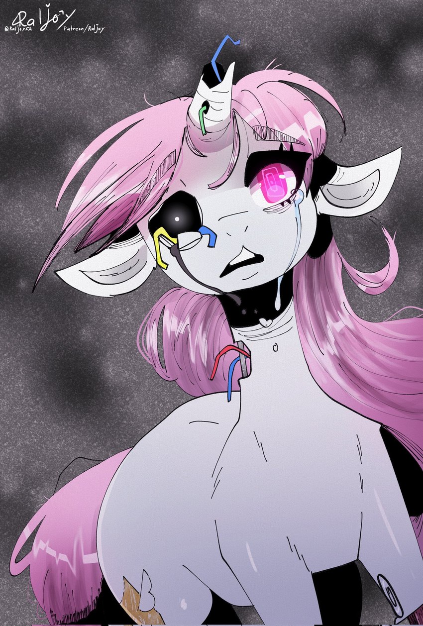 black_sclera bodily_fluids broken_horn crying cutie_mark eyelashes feral hair horn looking_at_viewer machine open_mouth pink_eyes pink_hair pink_tail solo tail tears teeth white_eyes raljoy hasbro my_little_pony mythology vulcan_sylva equid equine horse mammal mythological_creature mythological_equine pony robot unicorn broken 2022 hi_res signature