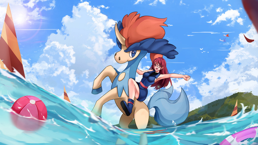 ball beach beach_ball clothed clothing cloud duo evolutionary_stone female feral floaty flotation_device grass hair inflatable male mega_stone on_hind_legs plant red_eyes red_hair riding sailing_watercraft sea seaside sky skyscape sun vehicle water watercraft exellart nintendo pokemon rissy trainer_iris generation_3_pokemon generation_5_pokemon human keldeo keldeo_(ordinary_form) latias latios legendary_pokemon mammal pokemon_(species) absurd_res hi_res