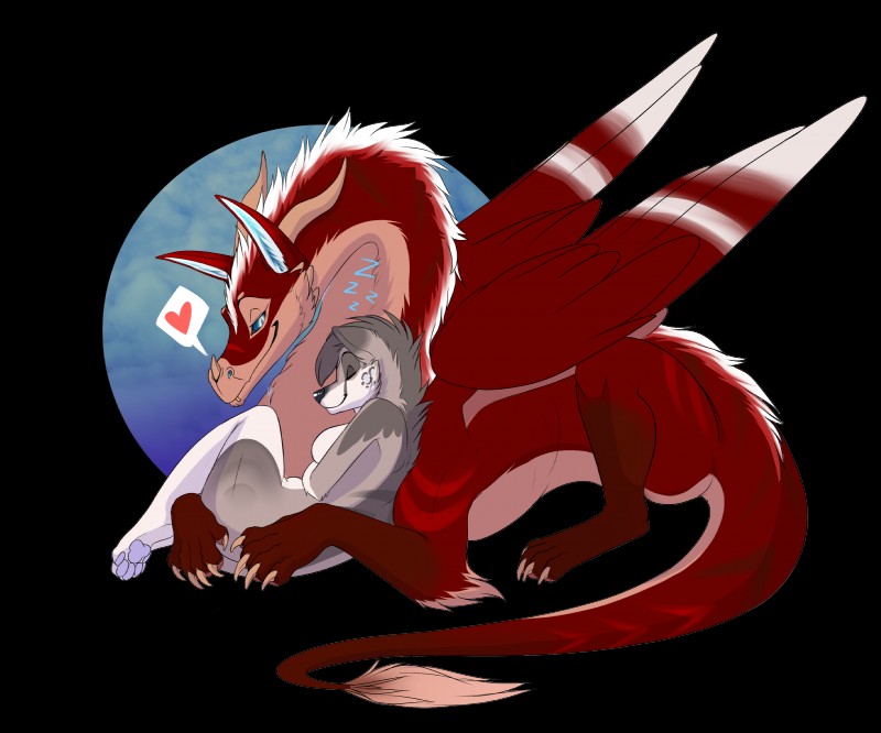 anthro blue_sclera breasts claws cuddling duo eyes_closed fangs feathered_wings feathers female female_anthro feral fur grey_body grey_fur heart_reaction heart_symbol hug larger_feral larger_male love male male/female male_feral mane markings moon nude paws polygonal_speech_bubble red_body red_feathers red_fur simple_background size_difference sleeping smaller_anthro smaller_female smile sound_effects speech_bubble spots spotted_body spotted_fur striped_body striped_fur stripes tail tail_tuft teeth transparent_background tuft vowelless vowelless_sound_effect white_body white_feathers white_fur wings zzz terryburrs mythology amyth_(character) terry_(terryburrs) canid canine canis domestic_dog dragon furred_dragon furred_scalie mammal mythological_creature mythological_scalie scalie 6:5 alpha_channel hi_res pictographics