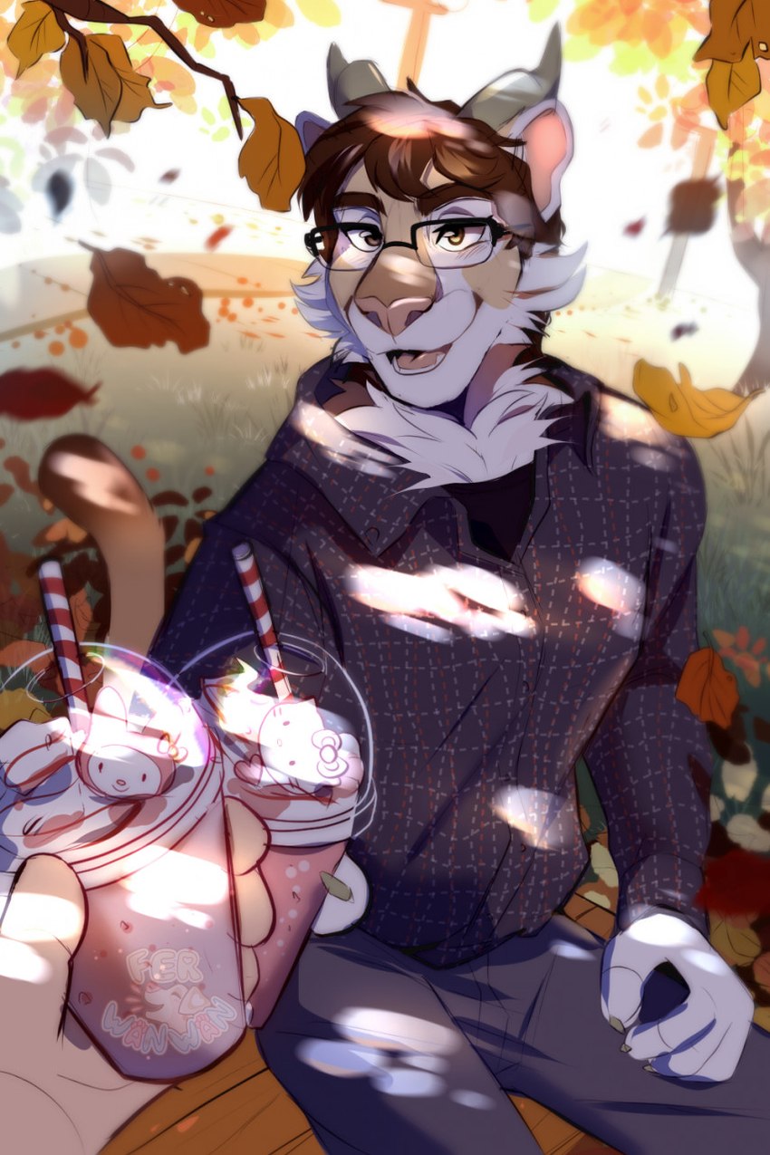 ambiguous_gender anthro autumn bench beverage bottomwear claws clothed clothing container cup drinking_straw duo eyewear glasses holding_container holding_cup holding_object horn leaf male male_anthro male_focus milkshake offscreen_character open_mouth open_smile outside pants plant shirt sitting smile solo_focus tail topwear tree ferwanwan hello_kitty_(series) onegai_my_melody sanrio fer_(ferwanwan) hello_kitty_(character) javier_(scraphead) my_melody cougar felid feline mammal 2022 hi_res shaded female_(lore)