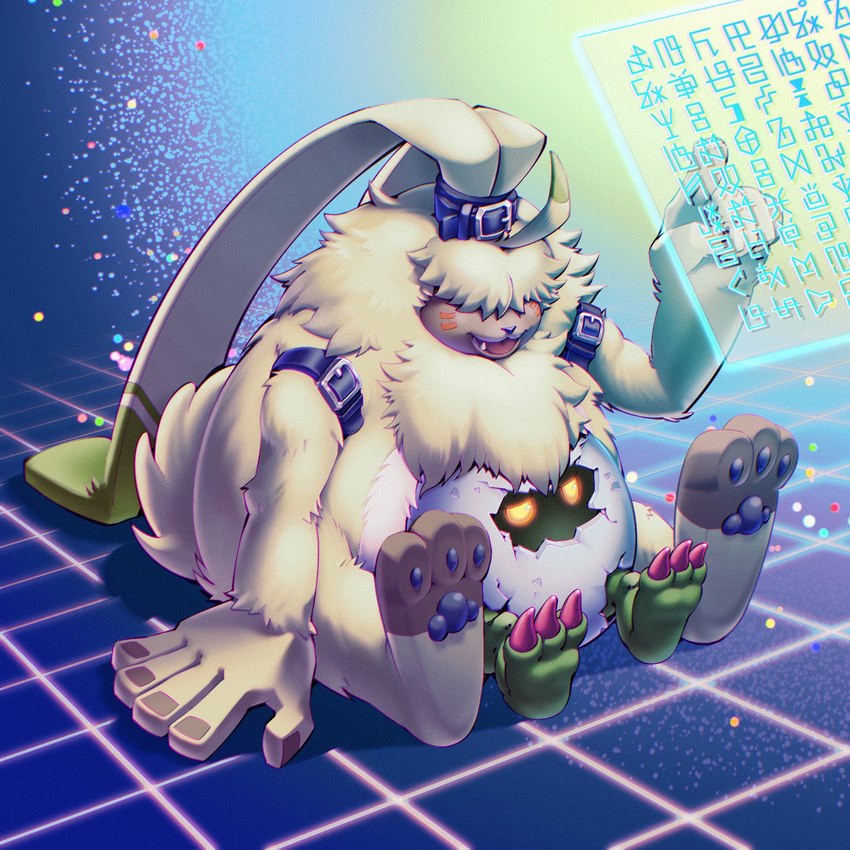 anthro digimoji duo fluffy fur glowing glowing_eyes hair hair_over_eyes long_ears male ponytail_ears sitting yellow_body yellow_eyes yellow_fur isei0212 bandai_namco digimon digimon_ghost_game angoramon digimon_(species) digitamamon lagomorph leporid mammal rabbit 1:1 hi_res