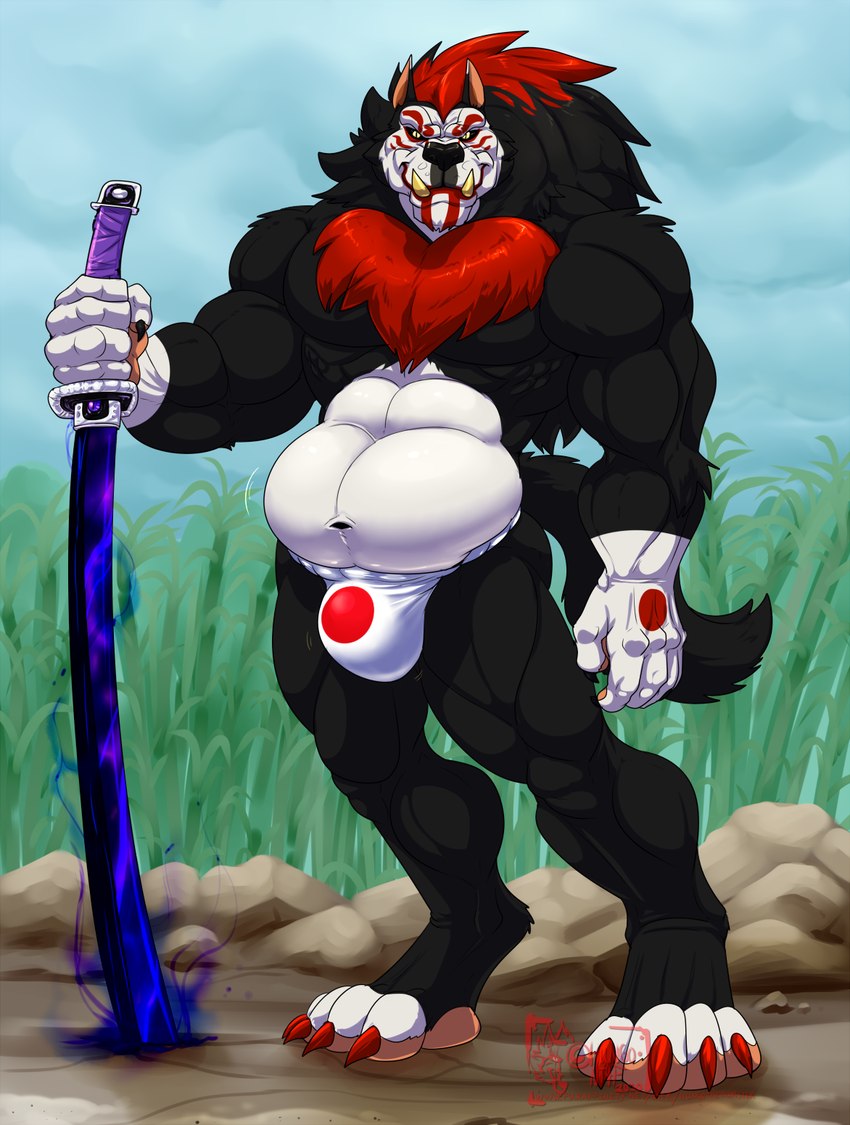 anthro asian_clothing athletic athletic_anthro athletic_male belly belly_jiggle biceps big_belly big_bulge black_body black_fur black_hair black_sclera bouncing_belly bouncing_bulge bulge chest_tuft claws clothing detailed_background east_asian_clothing fingers fundoshi fur hair japanese_clothing japanese_flag jiggling katana long_hair looking_at_viewer male melee_weapon motion_lines multicolored_body multicolored_fur multicolored_hair musclegut muscular muscular_anthro muscular_male muscular_thighs navel outside red_body red_fur red_hair sharp_teeth smile solo sword teeth text toe_claws tuft two_tone_hair underwear weapon white_body white_fur yellow_eyes hungothenomster asian_mythology east_asian_mythology japanese_mythology mythology muramasa_(hungothenomster) canid canine canis demon mammal oni wolf yokai 2020 artist_name digital_drawing_(artwork) digital_media_(artwork) hi_res watermark