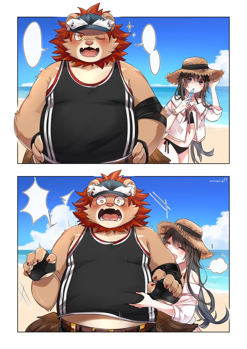 anthro beach belly belly_pinch black_hair blush brown_body brown_fur clothing colored_nails female fingerless_gloves fur gloves hair handwear hat headgear headwear male nails one_eye_closed overweight seaside shirt swimwear tank_top topwear wink whiteniar lifewonders tokyo_afterschool_summoners female_protagonist_(tas) protagonist_(tas) vapula_(tas) felid human lion mammal pantherine absurd_res hi_res