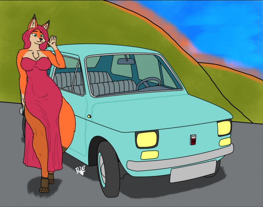 anthro clothed clothing detailed_background dress female fur hair smile solo vehicle delta_dewitt fiat fiat_126p canid canine canis fox mammal digital_media_(artwork)