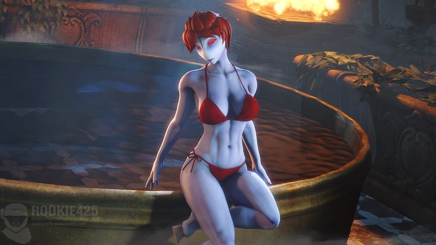 abs bath bathhouse bikini blue_body blue_skin breasts clothed clothing female fire hair hooves midriff muscular red_eyes red_hair sauna solo steam swimwear text two-piece_swimsuit water bravo44_(artist) rookie425 warhammer_(franchise) warhammer_40000 humanoid t'au_(warhammer) 16:9 3d_(artwork) adobe_photoshop_(artwork) artist_name digital_media_(artwork) hi_res source_filmmaker_(artwork) watermark widescreen