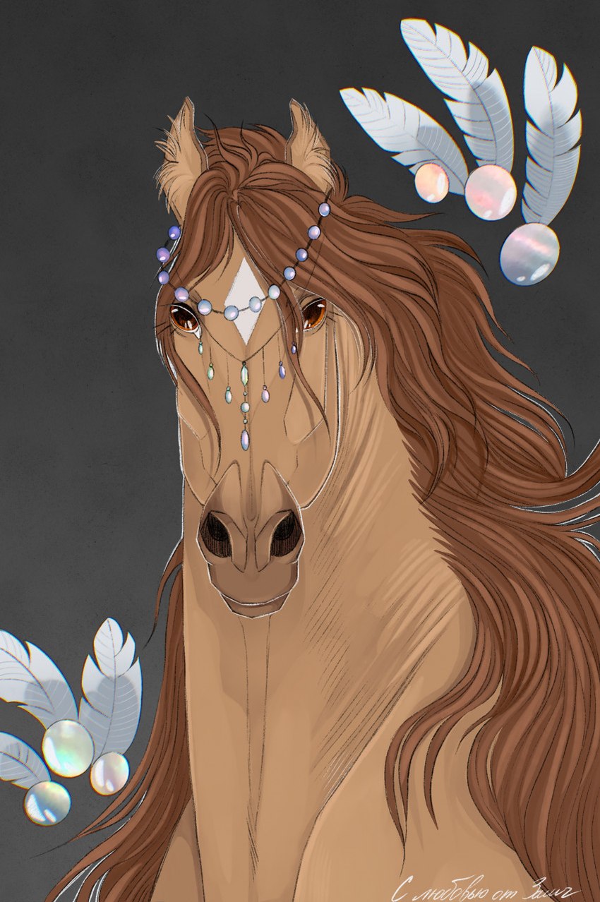 ambiguous_gender brown_eyes facial_markings feathers feral gem hair head_markings jewelry markings pearl_(gem) simple_background solo tan_body tan_hair zamch pearl_(wasen) equid equine horse mammal digital_media_(artwork) hi_res