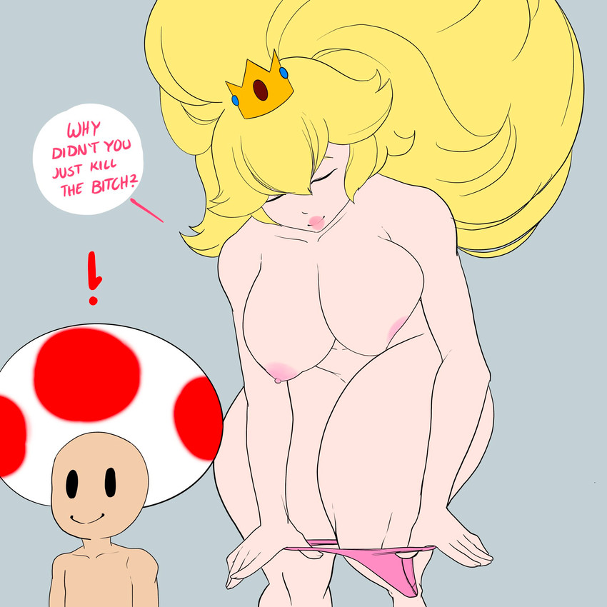 areola big_breasts breasts clothing dialogue duo exclamation_point female larger_female male nipples not_furry nude panties simple_background size_difference smaller_male text thick_thighs underwear lyn_nyl mario_bros nintendo princess_peach human mammal toad_(mario) 1:1 english_text hi_res