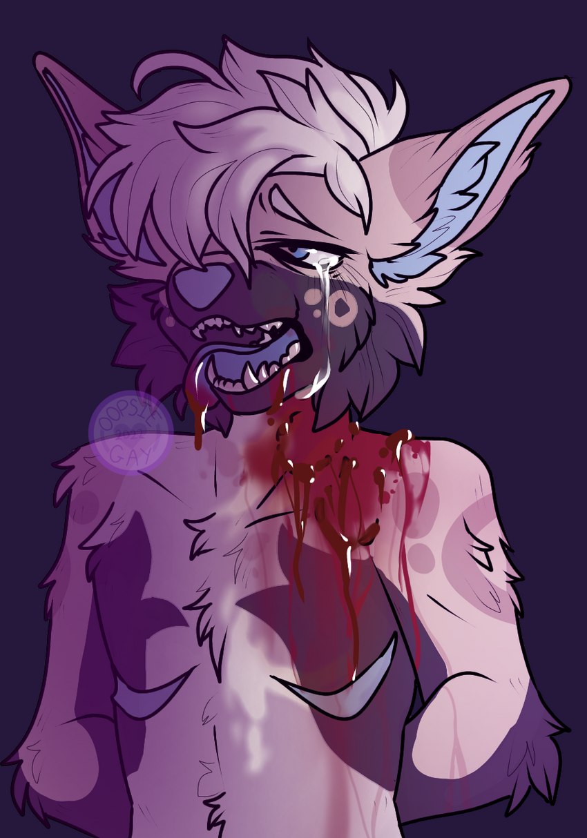 anthro bite blood blood_on_face blood_on_mouth blood_on_tongue bodily_fluids chest_scar fluffy fur hair hands_behind_back male mastectomy_scar neck_bite open_mouth pained_expression restraints scar solo tears teeth tongue tongue_out wounded oopsie-gay beans_(oopsie-gay) canid canine canis domestic_dog mammal hi_res trans_(lore) trans_man_(lore)