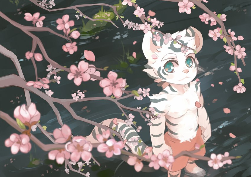 anthro blue_eyes bottomwear clothing flower hair kemono male markings plant shirtless_male shorts smile smiling_at_viewer solo standing striped_body stripes tail water white_body young young_male ainro elysium_above guang_yuan felid mammal pantherine tiger