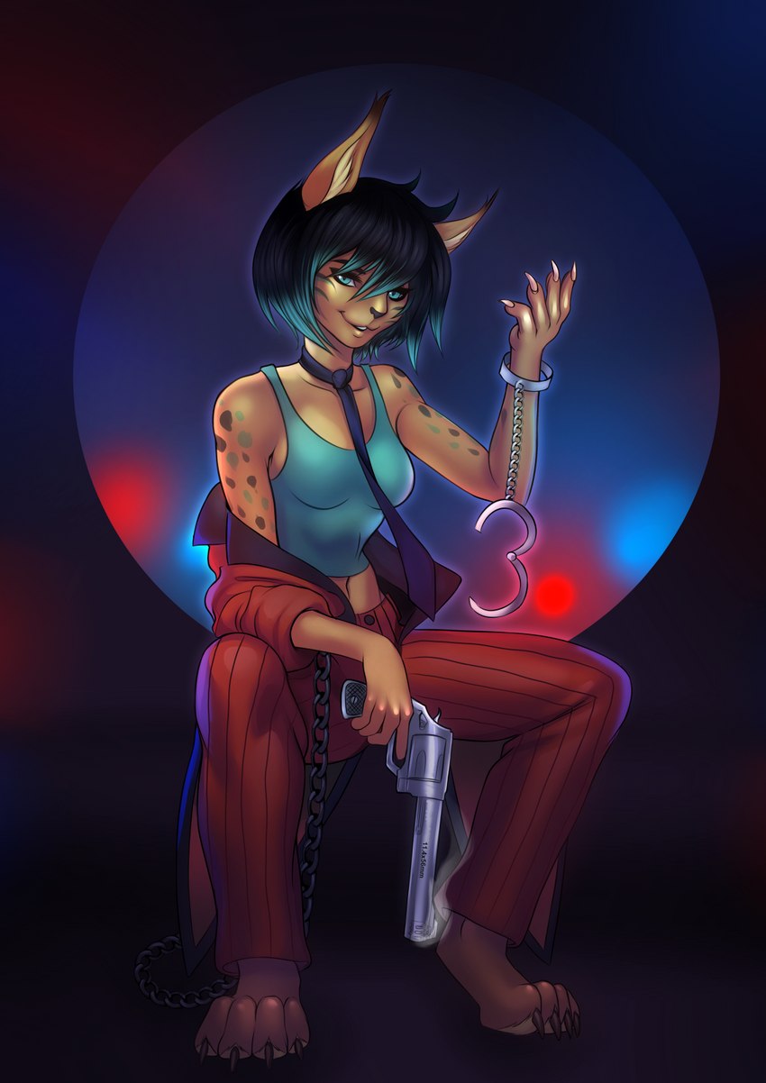 4_toes 5_fingers anthro blue_eyes breasts clothed clothing feet female fingers looking_at_viewer midriff navel smile toes weapon gaiawolfess felid feline mammal 2023 digital_media_(artwork) hi_res