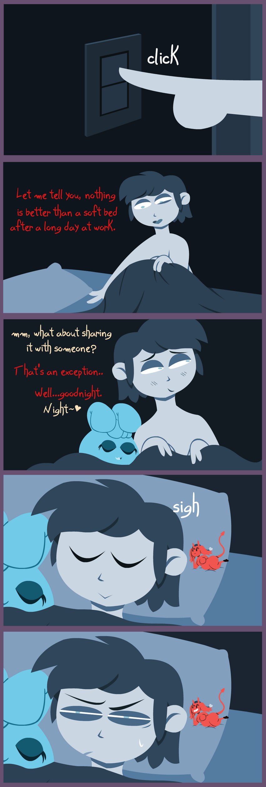 apartment bed blush dialogue duo female feral furniture inside male male/female shoulder_devil sleeping text shane_frost demon goo_creature human mammal absurd_res comic english_text hi_res