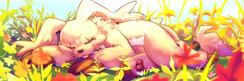 anthro claws detailed_background eyes_closed flower_field fur grey_body grey_fur long_ears male sleeping solo nuitt bandai_namco digimon digimon_(species) gazimon hi_res