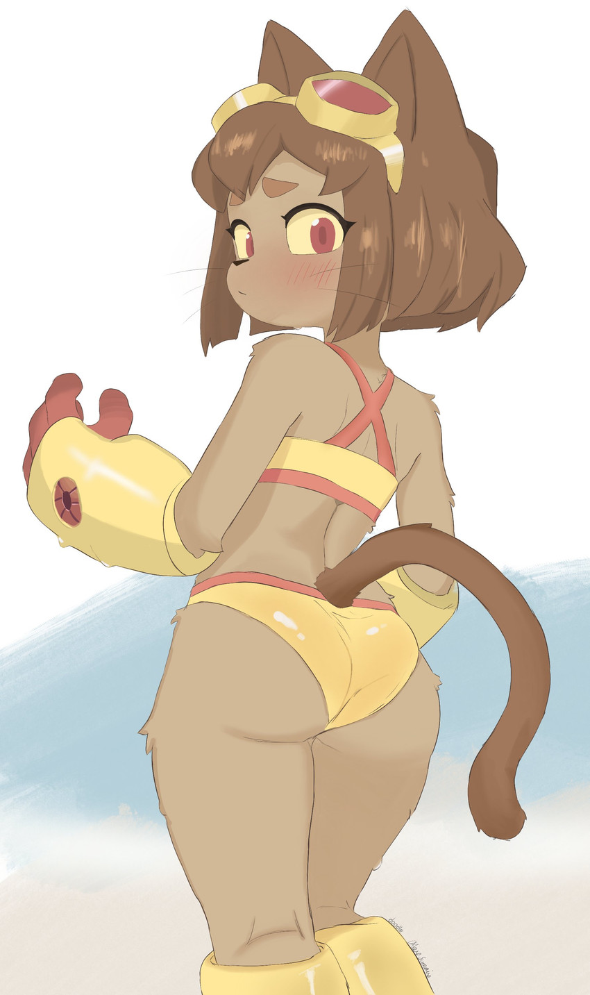 anthro back_groove bikini blush butt clothing embarrassed eyewear eyewear_on_head female goggles goggles_on_head hair looking_at_viewer looking_back magenta_eyes short_hair solo swimwear tail two-piece_swimsuit unsure whiskers alex_sumaki gameoverse glitch_productions kit_bodega domestic_cat felid feline felis mammal absurd_res hi_res signature