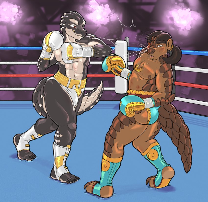 abs anthro black_eye_(injury) bottomwear boxing boxing_gloves brown_body brown_scales brown_skin bruised claws clothing fight fighting_ring footwear grey_body grey_scales grey_skin hair handwear male mouthguard muscular muscular_male ponytail punch red_eyes scales smile smirk socks sport stirrup_socks toeless_footwear dcheese armando_(dcheese) rakesh mammal pangolin reptile scalie 2021 absurd_res digital_media_(artwork) hi_res