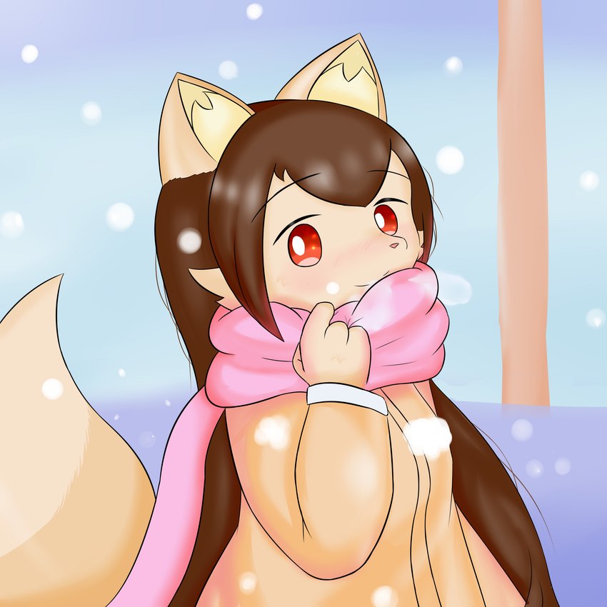 anthro blue_sky brown_hair clothing female hair heart_symbol loose_hair scarf sky snow solo winter nameigo inumizaru 1:1 absurd_res hi_res