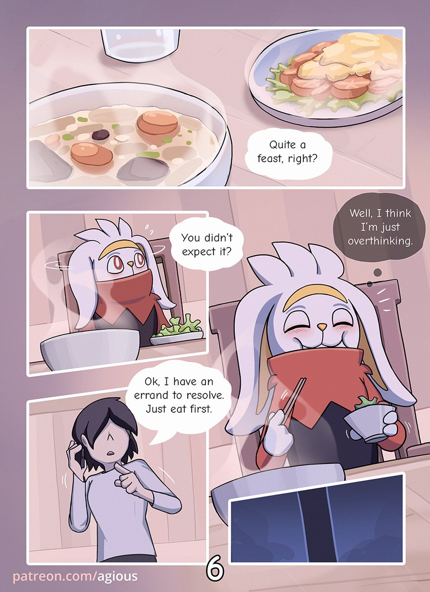 anthro blush bowl chair chopsticks container dialogue duo eating female food furniture happy male plant soup table text vegetable agious nintendo pokemon generation_8_pokemon human lagomorph mammal pokemon_(species) raboot 2024 comic english_text hi_res url