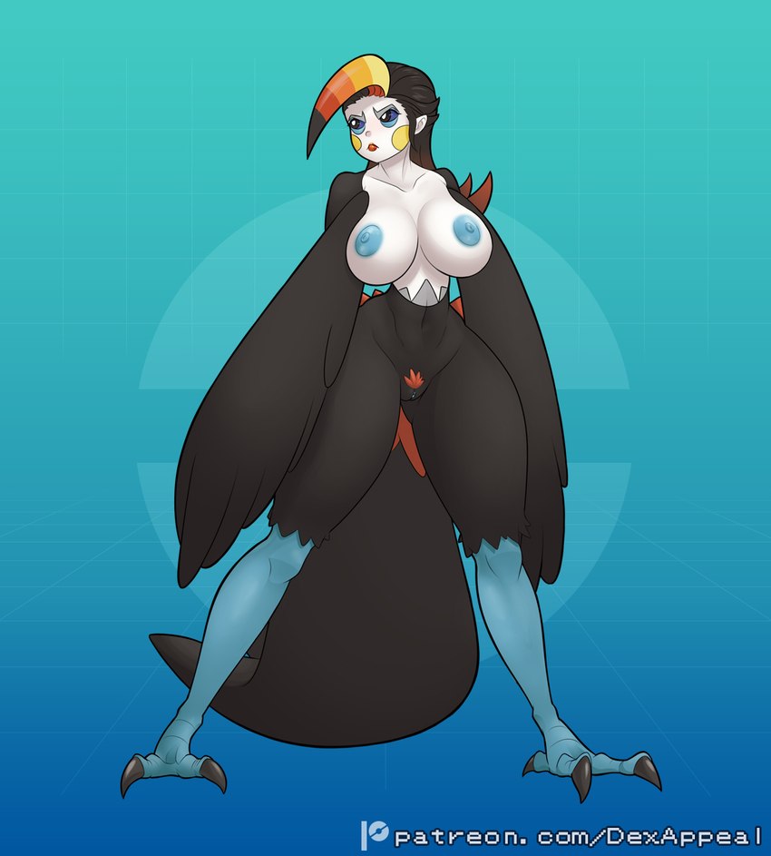 areola avian_feet big_breasts black_body black_feathers black_hair blue_areola blue_eyes blue_nipples breasts claws feathered_wings feathers female genitals hair humanoid_genitalia monster_girl_(genre) multicolored_hair nipples nude pokemorph pubes pubic_feathers pussy simple_background solo tail tail_feathers white_body wings dex_appeal european_mythology greek_mythology mythology nintendo pokemon animal_humanoid avian avian_humanoid bird bird_humanoid generation_7_pokemon harpy humanoid mythological_avian mythological_creature pokemon_(species) pokemon_humanoid toucan toucannon hi_res