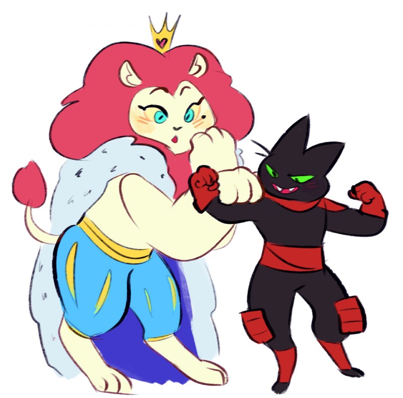 anthro black_body black_fur blush blush_lines cape clothing crown duo feeling_muscles fur green_eyes hair headgear king male mane mane_hair pantaloons red_body red_fur royalty bigfrogs cartoon_network mao_mao:_heroes_of_pure_heart king_snugglemagne_xxv sheriff_mao_mao_mao domestic_cat felid feline felis lion mammal pantherine hi_res