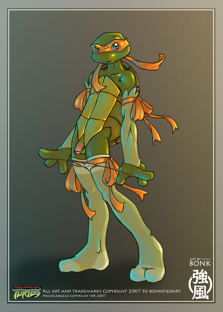 anthro armwear balls clothed clothing crossdressing elbow_gloves femboy flaccid foreskin genitals gloves green_balls handwear legwear male panties panties_down partially_clothed penis simple_background solo stockings text underwear underwear_down bonk teenage_mutant_ninja_turtles teenage_mutant_ninja_turtles_(2003) teenage_mutant_ninja_turtles_(2007) michelangelo_(tmnt) reptile scalie turtle 2007 digital_media_(artwork) hi_res