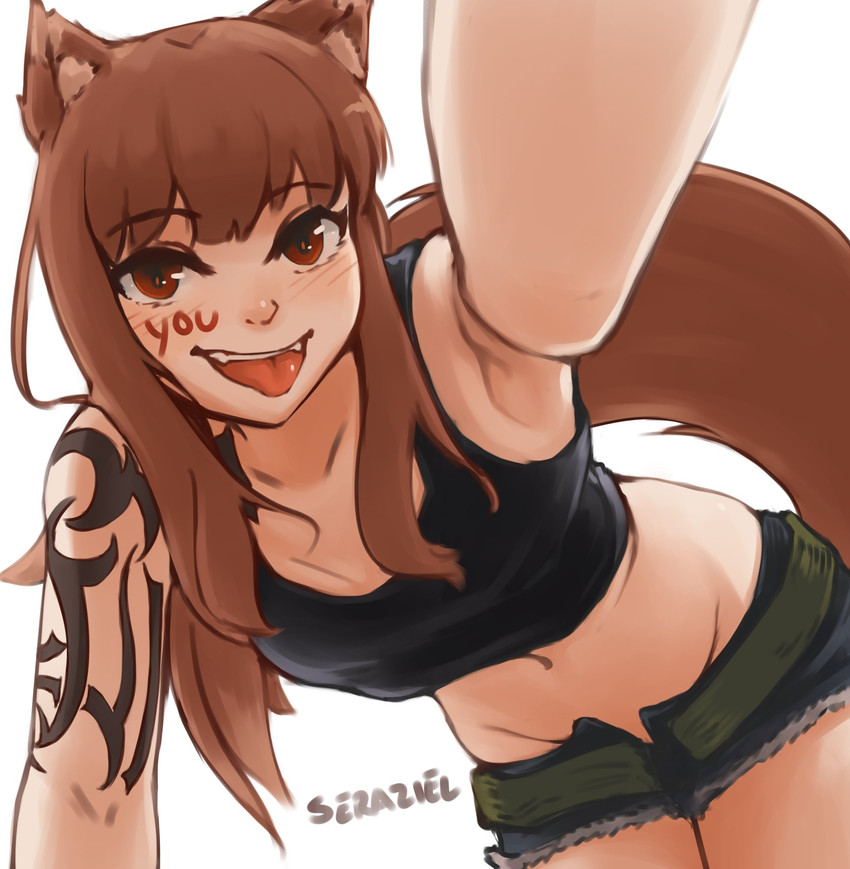 blush bottomwear breasts brown_body brown_fur brown_hair clothing cosplay female fur hair hotpants long_hair looking_at_viewer midriff navel open_mouth red_eyes shirt shorts simple_background small_breasts smile solo tank_top tattoo teeth tongue tongue_out topwear white_background seraziel black_lagoon spice_and_wolf holo_(spice_and_wolf) revy_(black_lagoon) animal_humanoid canid canid_humanoid canine canine_humanoid humanoid mammal mammal_humanoid wolf_humanoid digital_media_(artwork) hi_res shaded