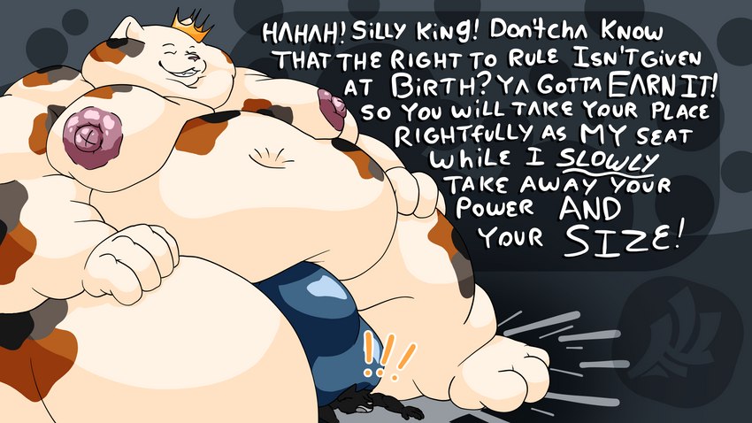 anthro areola attribute_theft barazoku belly belly_overhang big_areola big_belly big_bulge big_butt big_cheeks big_moobs big_nipples bulge bullying butt butt_crush chubby_cheeks clothed clothing crown crush degradation detailed_bulge dialogue double_chin duo eyewear facesitting fat_arms fat_rolls fur glasses grin headgear huge_bulge huge_butt huge_moobs huge_nipples humiliate humiliation hyper hyper_bulge larger_male male monarch moobs morbidly_obese morbidly_obese_anthro morbidly_obese_male navel neck_folds nipples obese obese_anthro obese_male overweight overweight_anthro overweight_male simple_background sitting_on_another size_difference size_theft smile smothering submissive text thick_thighs underwear wide_hips fujiyama_samoyed tekku-san_(fujiyama_samoyed) bobtail_cat calico_cat domestic_cat felid feline felis japanese_bobtail mammal 16:9 english_text hi_res widescreen