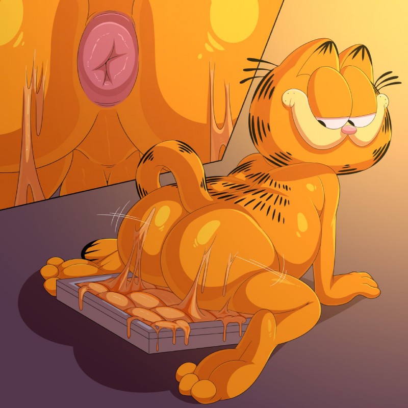 anus butt food half-closed_eyes lasagna looking_back male narrowed_eyes pasta simple_background smile solo jerseydevil garfield_(series) garfield_the_cat domestic_cat felid feline felis mammal 1:1 hi_res