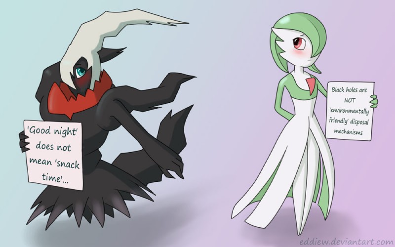 ambiguous_gender black_body black_skin blue_eyes blush claws conversational_sign duo green_body green_skin hair holding_object holding_sign horn humor not_furry placard red_body red_eyes red_skin sign text white_body white_hair white_skin eddiew dogshaming nintendo pokemon darkrai gardevoir generation_3_pokemon generation_4_pokemon legendary_pokemon mammal pokemon_(species) 16:10 2014 english_text meme widescreen