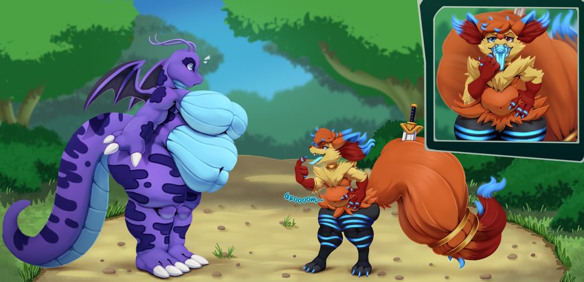 anthro anthro_pred anthro_prey bar_emanata belly big_belly big_breasts big_tail breasts cutaway digestion duo emanata featureless_breasts female female_prey femboy fluffy fluffy_tail forest girly_pred hand_on_hip hungry imminent_oral_vore imminent_vore inner_ear_fluff larger_anthro larger_prey male male_pred navel open_mouth outside overweight overweight_anthro overweight_female plant pointing_at_mouth potbelly rumbling_stomach size_difference smaller_anthro smaller_pred tail thick_calves thick_thighs tongue tongue_out tree tuft vore wide_hips bronzebanana nintendo pokemon braixen dragonite generation_1_pokemon generation_6_pokemon pokemon_(species) absurd_res digital_media_(artwork) hi_res