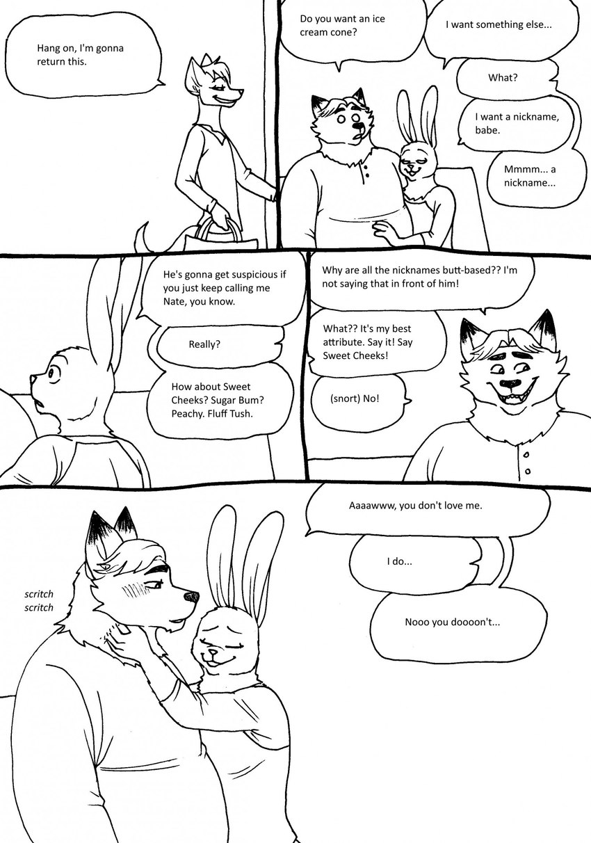 anthro belly blush clothing dialogue duo eyes_closed humanoid_hands male male/male overweight overweight_male scratching scratching_neck shirt sitting teasing text topwear bernielover disney zootopia fan_character gideon_grey nate_hopps canid canine fox lagomorph leporid mammal rabbit red_fox true_fox 2023 comic english_text hi_res monochrome