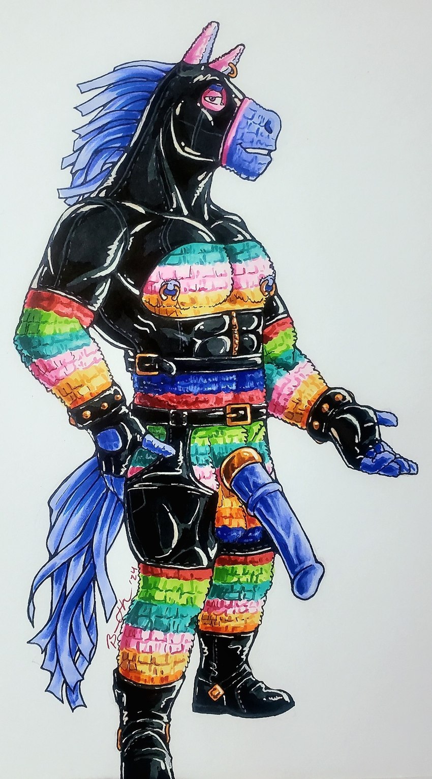 abs accessory anthro balls biceps big_penis blue_nipples blue_penis boots butt clothing cock_ring erection fingerless_gloves footwear fur genitals gloves grin hand_on_hip handwear jewelry leather leather_boots leather_clothing leather_footwear leather_mask lgbt_pride looking_at_viewer male manly mask medial_ring multicolored_body multicolored_fur muscular muscular_legs nipple_piercing nipples pecs penis penis_accessory penis_jewelry piercing pinata pride_colors rainbow_balls rainbow_body rainbow_fur shoes side_view smile solo wristband foxfurries lgbt_pride_month animate_inanimate equid equine horse hybrid living_pinata mammal hi_res