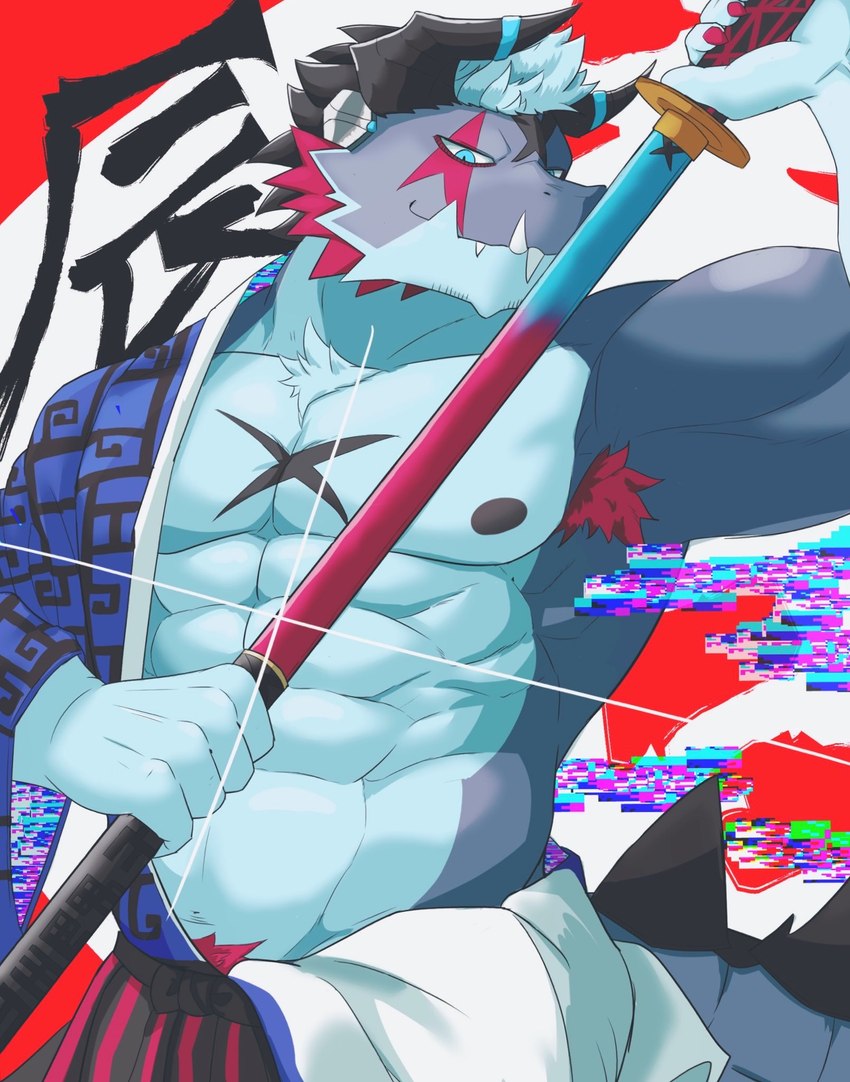 abs anthro armpit_hair asian_clothing blue_eyes body_hair clothing east_asian_clothing grey_body hair horn japanese_clothing katana kimono male melee_weapon muscular muscular_anthro muscular_male nipples pecs scar solo sword weapon white_hair kesigomu_kemo lifewonders live_a_hero giansar hi_res