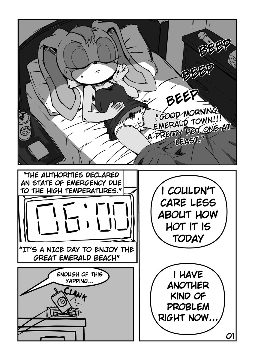 4_panel_comic anthro bedroom beverage_can bodily_fluids bow_panties bow_underwear camel_toe camisole clock clothed clothing female frilly frilly_clothing frilly_panties frilly_underwear panties sex_toy sleeping solo speech_bubble sweat text throwing_object underwear underwear_only vibrator wand_vibrator young young_anthro young_female kasumin_(artist) sega sonic_the_hedgehog_(series) cream_the_rabbit lagomorph leporid mammal rabbit absurd_res comic english_text hi_res monochrome