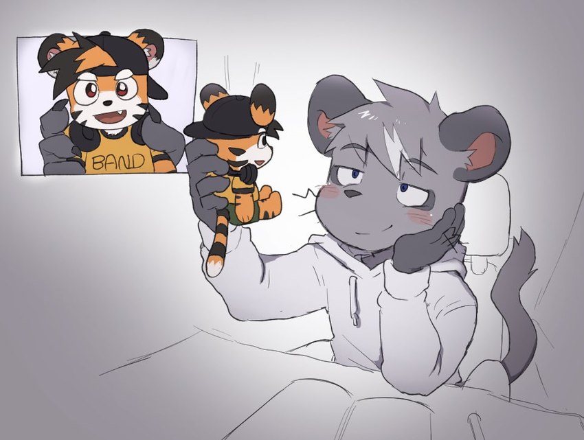 anthro blush clothing hoodie male plushie solo topwear latotabo gelato_(latotabo) tiger_boy_(latotabo) felid mammal murid murine pantherine rat rodent tiger