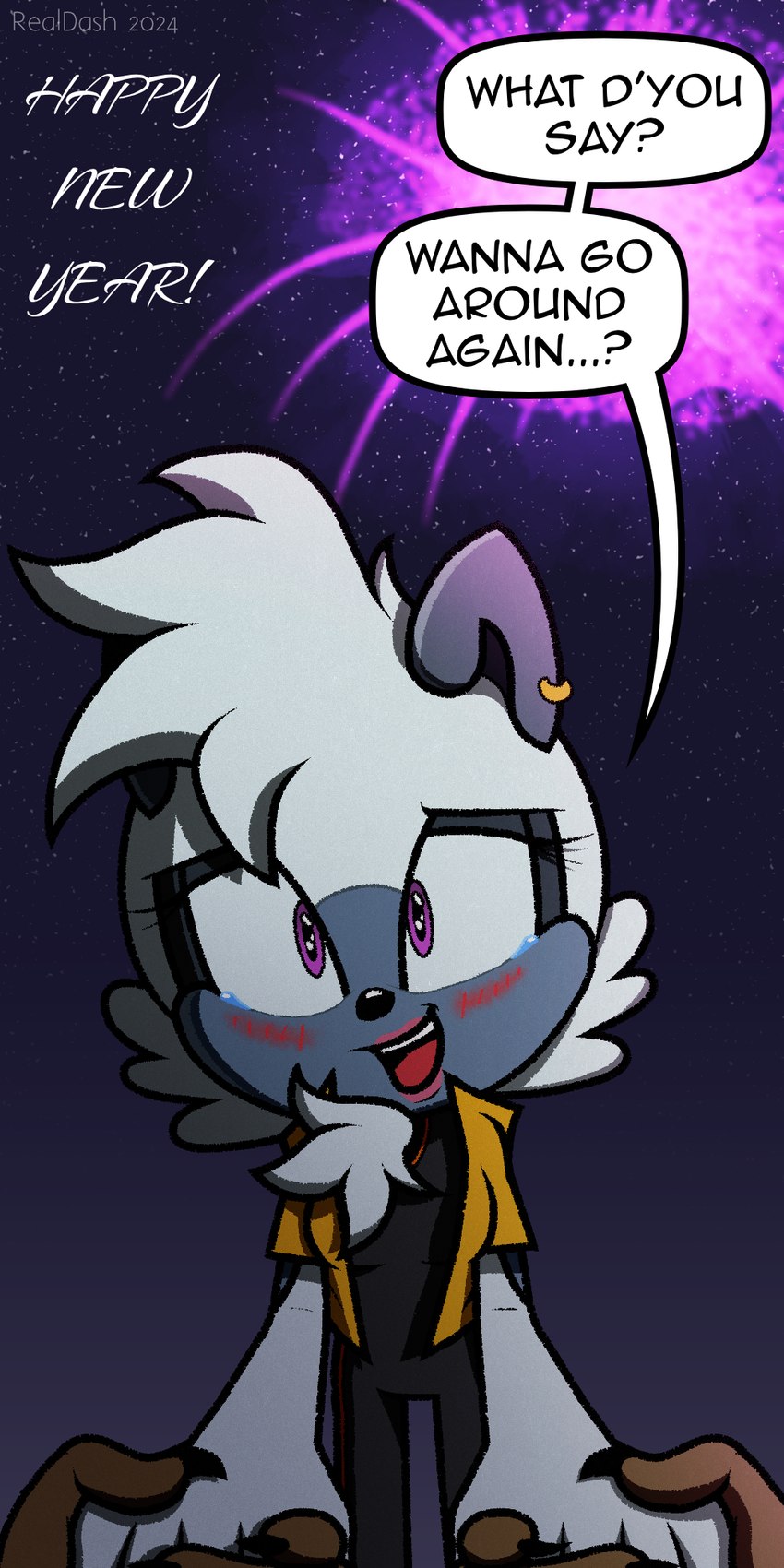 anthro blush bodily_fluids claws dialogue duo ear_piercing female female/female fireworks glistening glistening_eyes hand_holding lipstick looking_at_viewer makeup piercing smile speech_bubble tears text realdash idw_publishing new_year_2025 sega sonic_the_hedgehog_(comics) sonic_the_hedgehog_(idw) sonic_the_hedgehog_(series) tangle_the_lemur whisper_the_wolf canid canine canis lemur mammal primate ring-tailed_lemur strepsirrhine wolf 1:2 2024 digital_media_(artwork) english_text hi_res signature