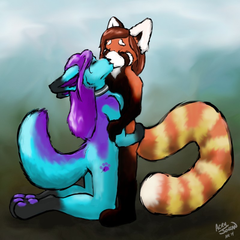 abstract_background ambiguous_gender anthro big_tail breasts duo female fur hug kissing kneeling short side_boob simple_background tail acru_jovian ailurid canid canine canis mammal red_panda wolf 1:1 digital_media_(artwork) hi_res