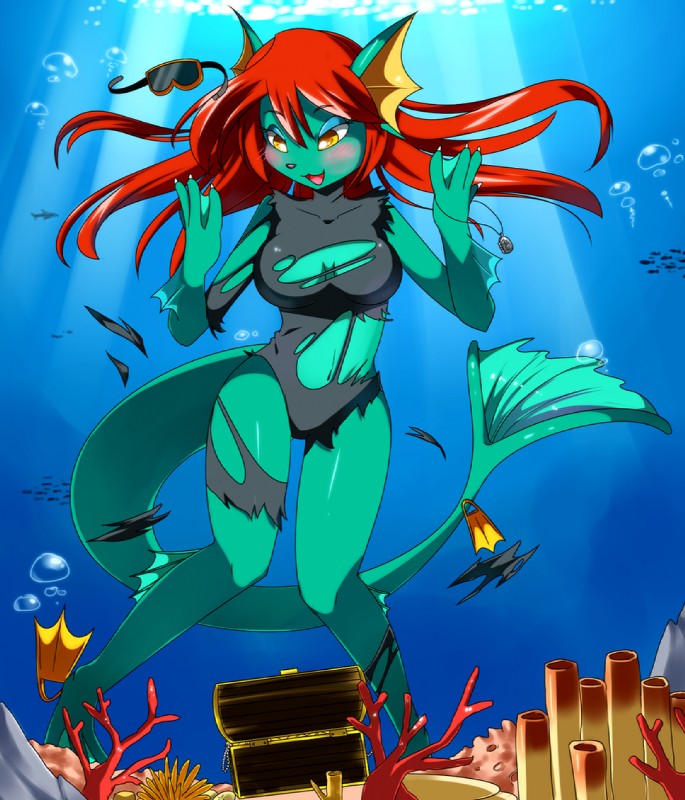 anthro black_nose blush bubble claws clothing detailed_background eyelashes eyewear feet female goggles group growth hair half-closed_eyes locket macro membrane_(anatomy) narrowed_eyes one-piece_swimsuit open_mouth open_smile red_hair seabed smile solo_focus swimwear teal_body teal_skin toes torn_clothing transformation treasure_chest underwater water webbed_feet webbed_hands white_claws yellow_eyes jiayi lana_(characters) lana_(desmondfallout) ambient_coral ambient_fish ambient_sealife anthozoan cnidarian coral fish luminari marine organ_pipe_coral sea_anemone shark 2011 digital_drawing_(artwork) digital_media_(artwork) story story_in_description