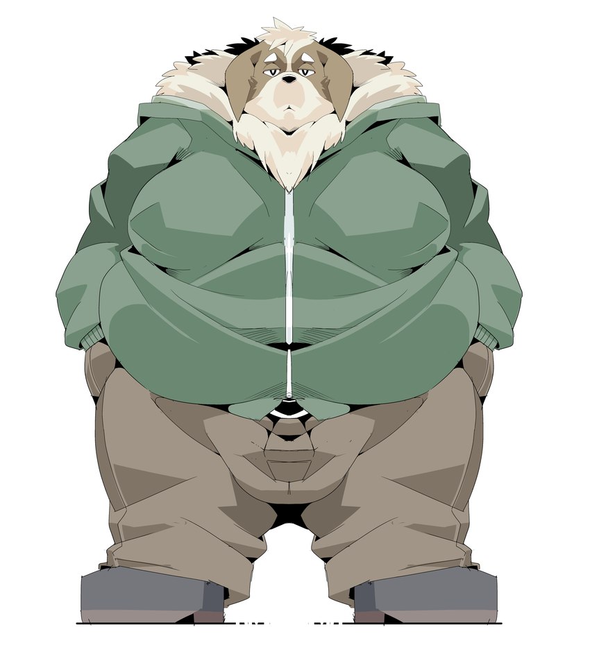 anthro belly big_belly bottomwear brown_body brown_fur clothing fur kemono male obese obese_male overweight overweight_male pants simple_background solo sweater topwear white_background sigenoya takotyutyu canid canine canis domestic_dog mammal 2021 absurd_res hi_res