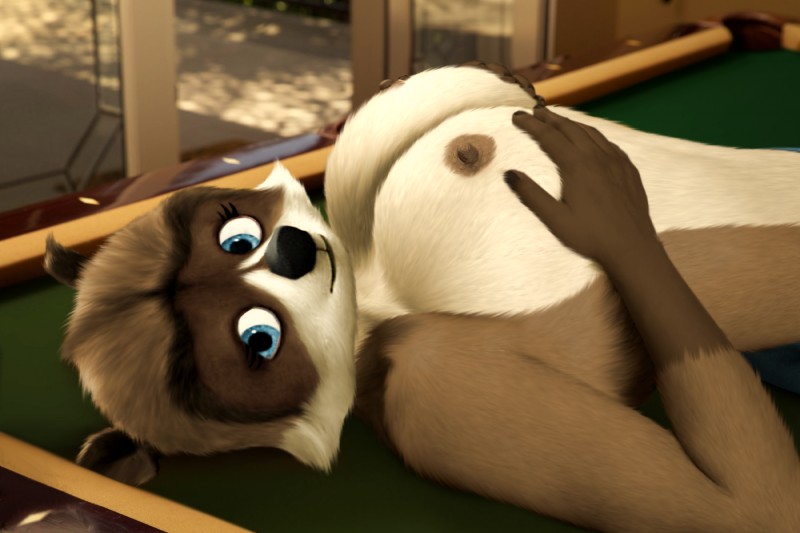 anthro anthrofied big_breasts billiard_table biped breasts crossgender female furniture hand_on_breast lying nipples on_table solo table oystercatcher7 third-party_edit dreamworks over_the_hedge rj_(over_the_hedge) mammal procyonid raccoon 3:2 hi_res photo_manipulation photomorph