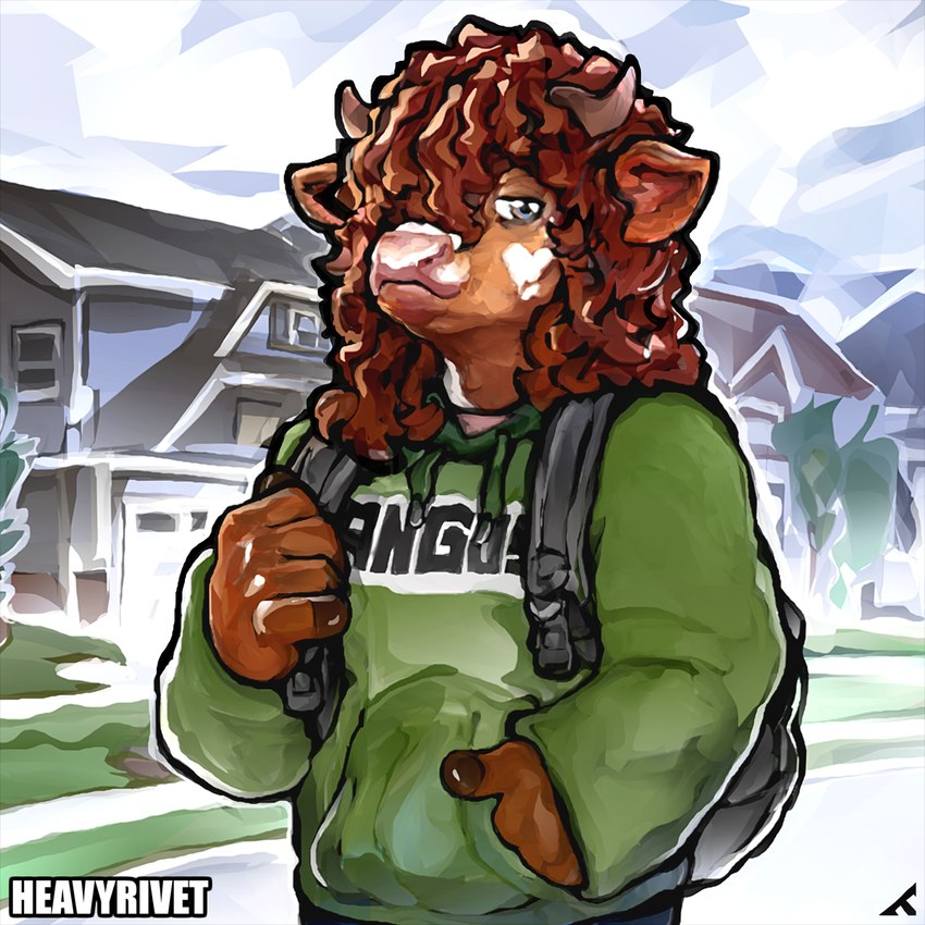 anthro backpack clothing ears_outwards femboy hair hoodie horn long_hair male outside pivoted_ears shy solo suburbs topwear heavyrivet european_mythology greek_mythology mythology bovid bovine cattle mammal minotaur 1:1 hi_res portrait